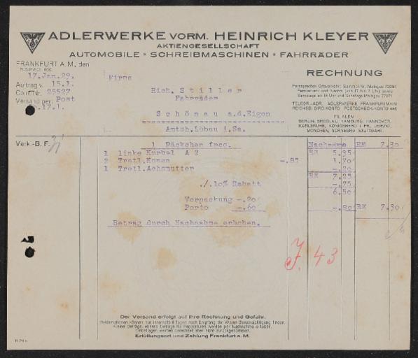 Adlerwerke Rechnung und Briefbogen 1929