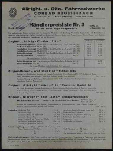 Allright-Fahrrad- u. Cito- Fahradwerke Händlerpreisliste  1934