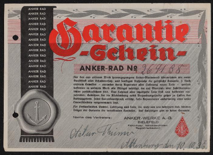 Anker Rad Garantieschein 10.10.1936