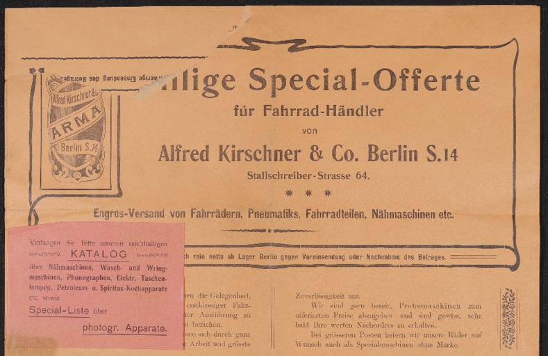 Arma Alfred Kirschner u. Co. Berlin Händlerinformation 1920er Jahre