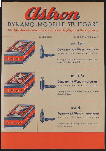 Astron Dynamo-Modelle Stuttgart Werbeblatt 1930er Jahre