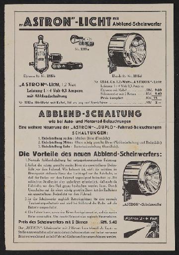 Astron Licht Werbeblatt 1930er Jahre