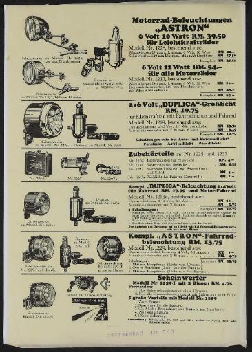 Astron Motorrad und Fahrrad Beleuchtungen Werbeblatt 1930er Jahre