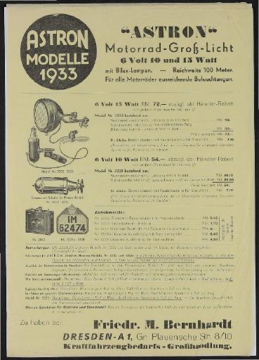 Astron Motorrad-Groß-Licht Modelle 1933 Werbeblatt 1933