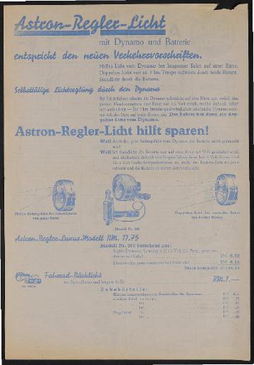 Astron Regler-Licht Werbeblatt 1930er Jahre