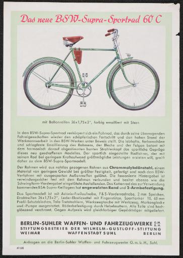 BSW Das neue BSW-Supra-Sportrad 60 C Werbeblatt 30er Jahre