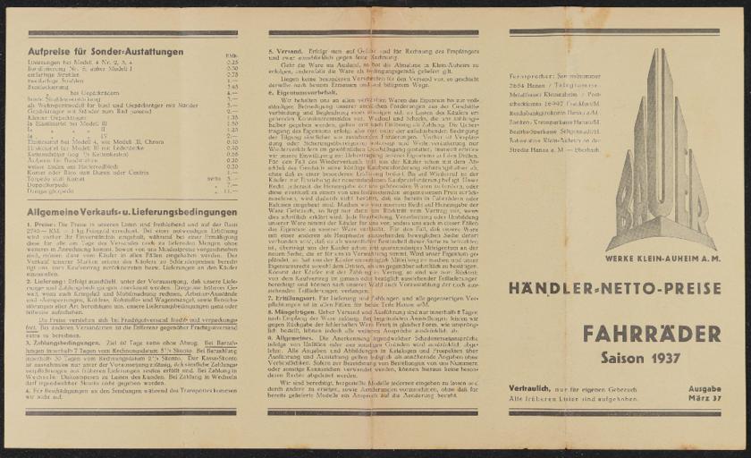 Bauer Fahrräder Preisliste 1937