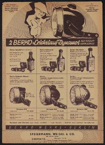 Berko Leichtlauf-Dynamo Werbeblatt 1930er Jahre
