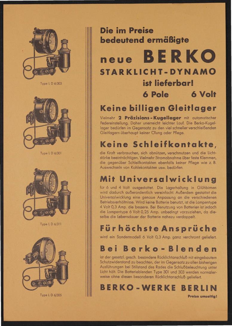 Berko Starklicht-Dynamo Werbeblatt 1933