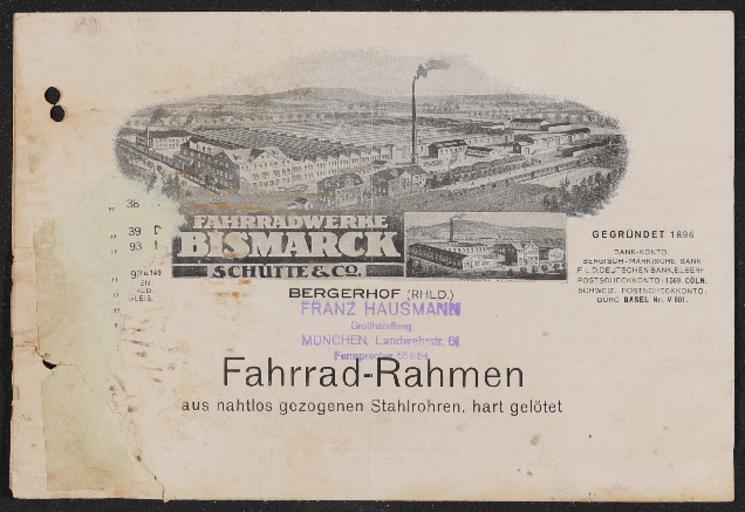 Bismarck Fahrradwerke Schütte Co. Fahrrad-Rahmen Faltblatt 1920er Jahre