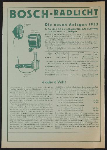 Bosch Rad-Licht-Anlagen Werbeblatt 1933