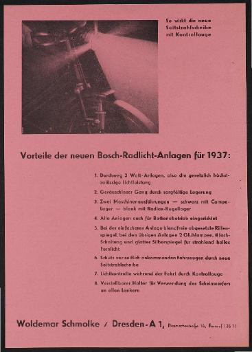 Bosch Rad-Licht-Anlagen Werbeblatt 1937
