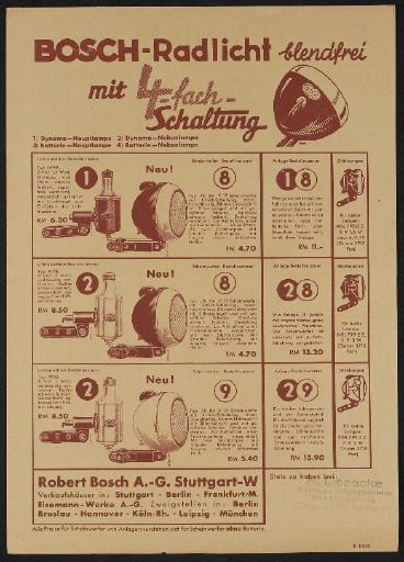 Bosch Radlicht mit 4 fach Schaltung Werbeblatt 1930er Jahre