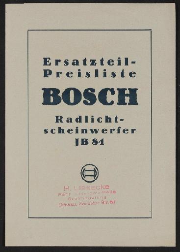 Bosch Scheinwerfer JB 84 Ersatzteil- Preisliste 1934 - Velopedia