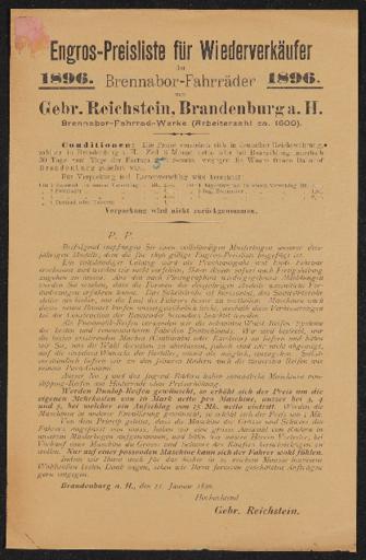 Brennabor Engros-Preisliste für Wiederverkäufer 1896