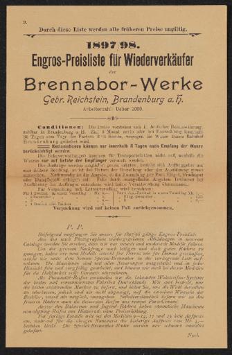 Brennabor Engros-Preisliste für Wiederverkäufer 1897 1898