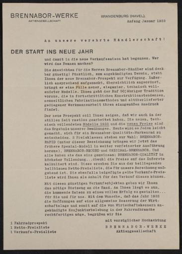 Brennabor Händlerrundschreiben 1933