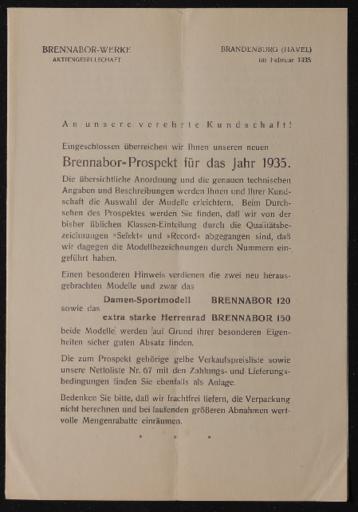 Brennabor Händlerrundschreiben 1935