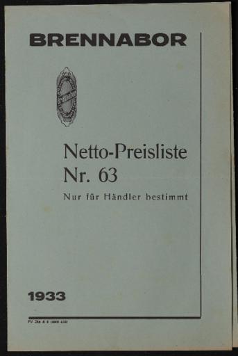 Brennabor Netto-Preisliste Nr.63 1933