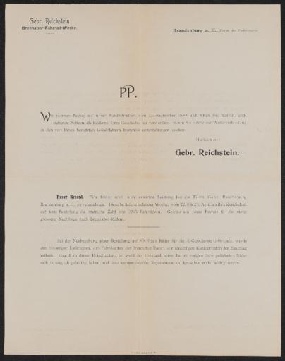 Brennabor-Fahrrad-Werke  Händlerrundbrief 1899