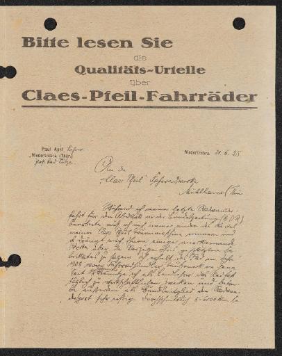 Claes-Pfeil-Fahrräder Qualitäts-Urteile Werbeblätter 1925