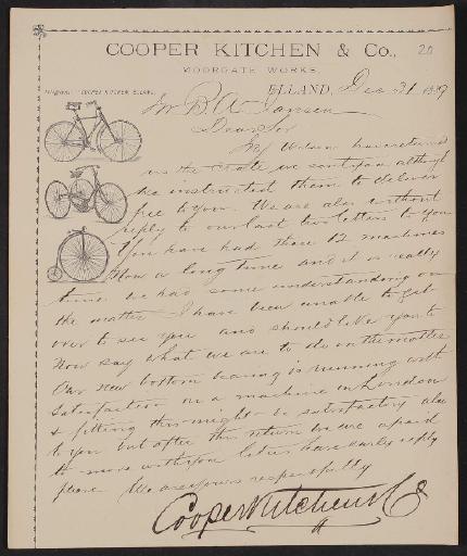 Cooper Kitchen u. Co, Schreiben 1889