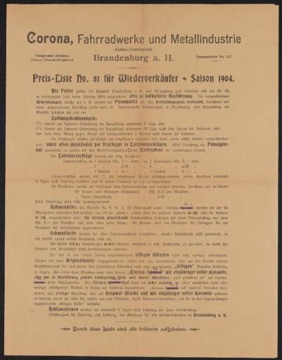 Corona Fahrradwerke Faltblatt 1904