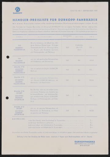 Dürkopp Fahrräder Preisliste 1949