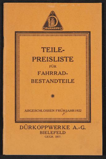Dürkopp Fahrräder Teile- und Preisliste 1922