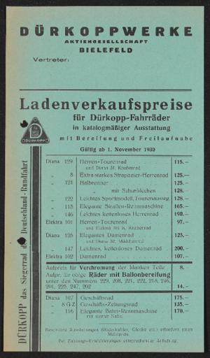 Dürkopp Ladenverkaufspreise 1930