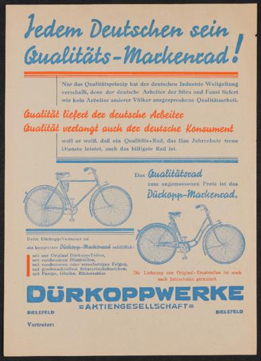 Dürkopp Qualitäts-Markenrad Werbeblatt 1930er Jahre