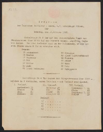 Deutsche Radfahrer- Union, Programm für Straßenrennen 1922