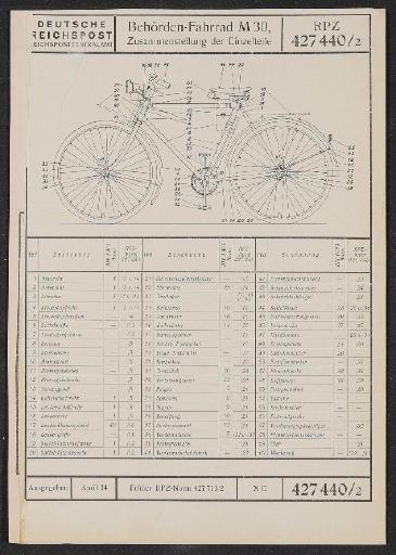 Deutsche Reichspost Behördenfahrrad Einzelteile 1934