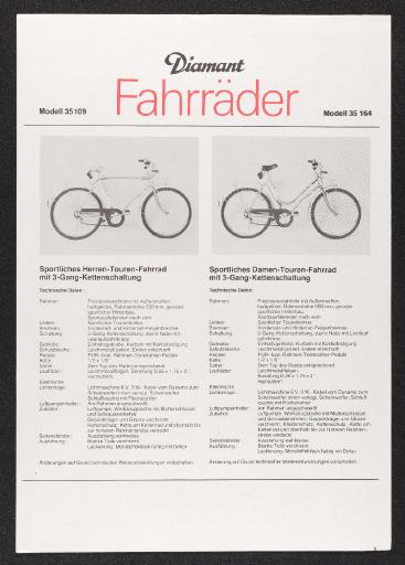 Diamant Fahrräder Mod. 35 109 35 164 Datenblatt 1982
