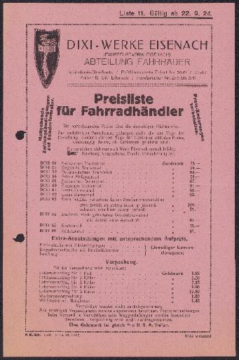 Dixi-Fahrräder Preisliste 1924 (2)