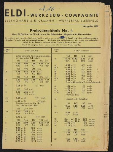 ELDI Spezial-Werkzeuge für Fahrräder, Mopeds, Motorräder Preisliste 1959