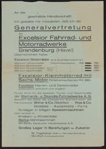 Excelsior Brandenburger Fahrrad- und Motorradwerke Händlerrundschreiben 1930er Jahre