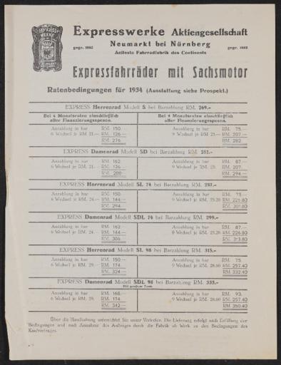 Express Fahrräder mit Sachsmotor Ratenbedingungen 1934