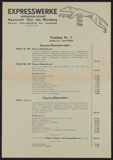 Expresswerke Preisliste Motorfahrräder 1950