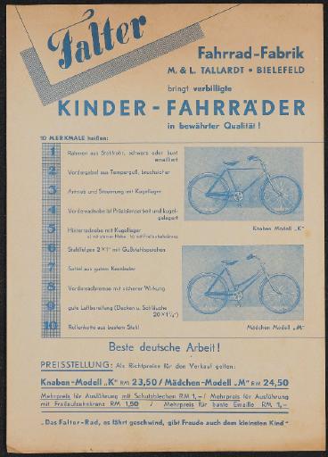 Falter Kinder-Fahrräder Werbeblatt 1930er Jahre