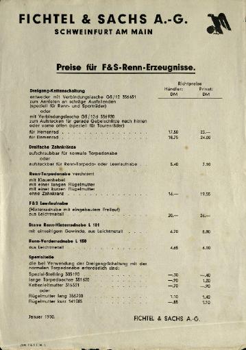 1950 Preisliste für F&S Rennerzeugnisse