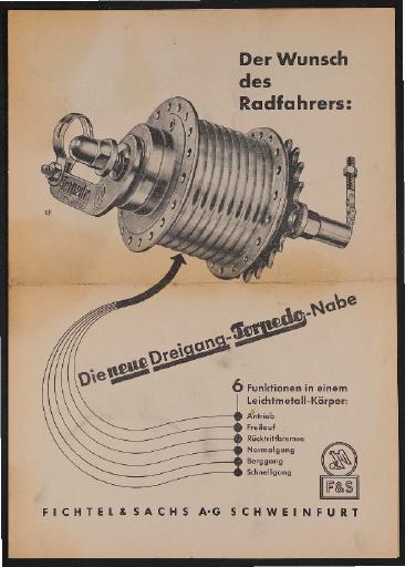 Fichtel u. Sachs Dreigang-Torpedo-Nabe technischer Prospekt 1953