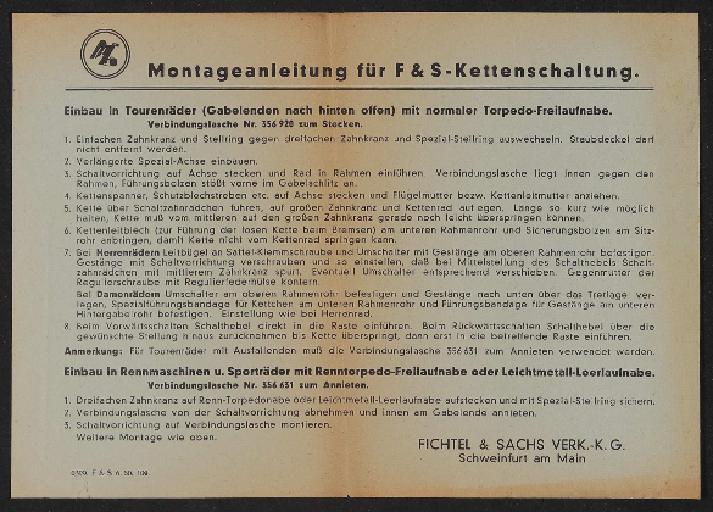 Fichtel u. Sachs Kettenschaltung Montageanleitung Infoblatt 1950