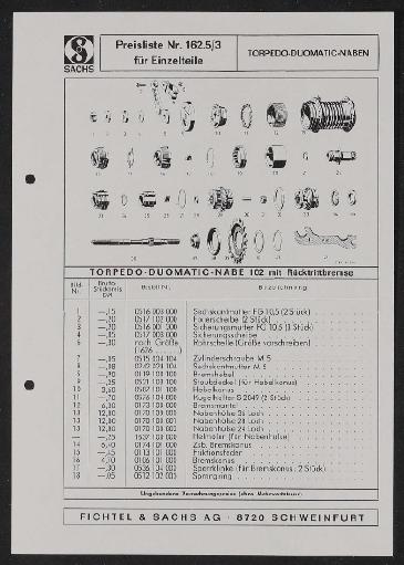 Fichtel u. Sachs Torpedo-Duomatic-Naben Preisliste für Einzelteile 1971