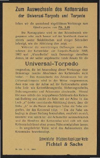 Fichtel u. Sachs Vorrichtung zum Wechsel des Ritzels  mit Anweisung 1912