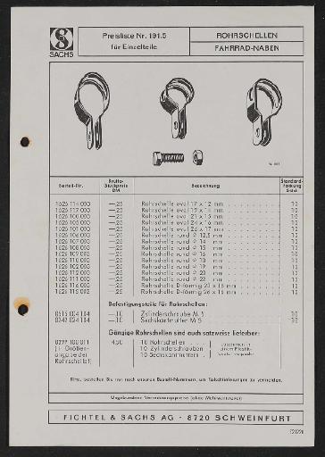 Fichtel und Sachs Schellen f. Bremshebel Ersatzteile- u. Preisliste 1972