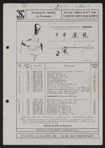 Fichtel und Sachs Speed Shift für Torpedo-Dreigang-Naben Teile- und Preisliste 1972