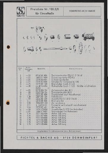 Fichtel und Sachs Torpedo Boy Nabe Ersatzteile- u. Preisliste 1971