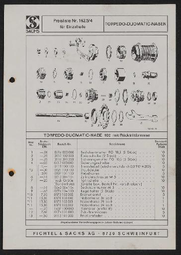 Fichtel und Sachs Torpedo Duomatic Naben Ersatzteile- u. Preisliste 1972