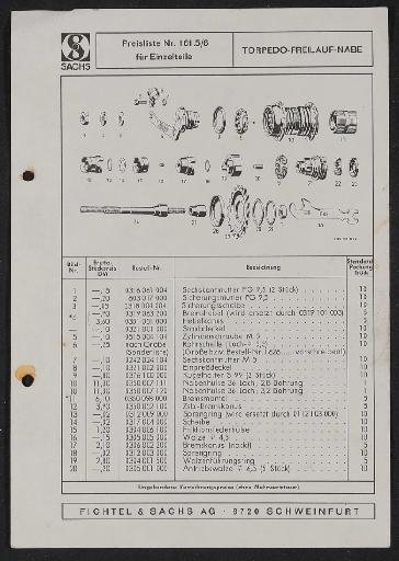 Fichtel und Sachs Torpedo Freilauf Nabe Ersatzteile- u. Preisliste 1972